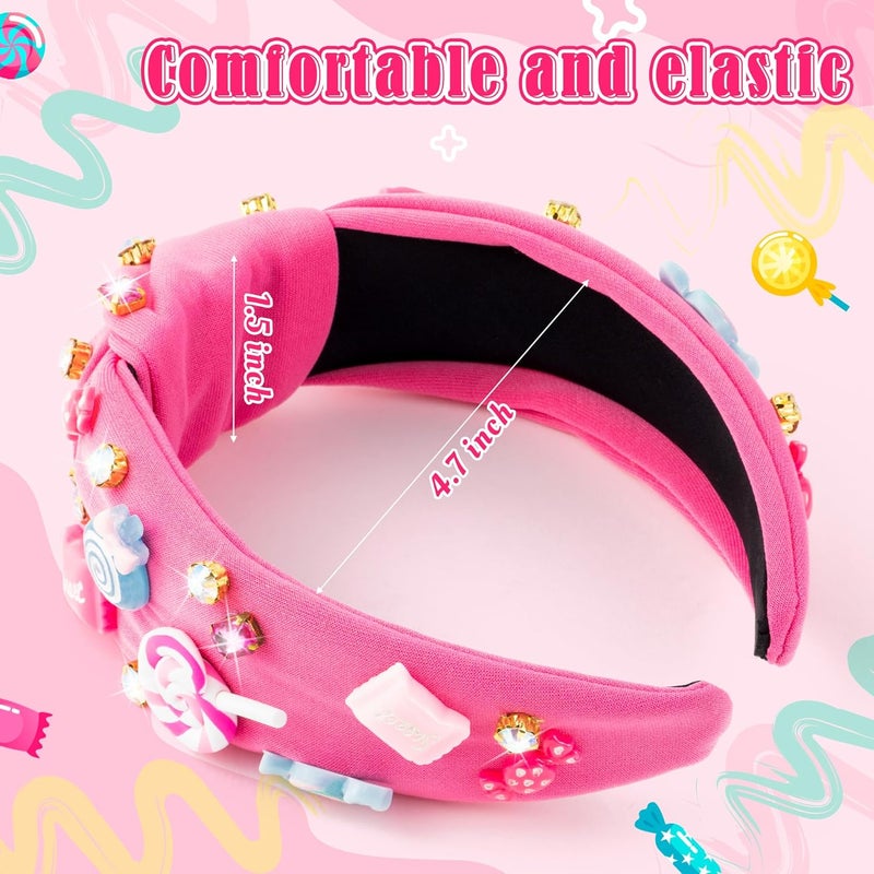 PANTIDE Candy Jeweled Knotted Headband - Christmas Sugar Lollipop Rhinestone Crystal Embellished Preppy Headband Wide Top Knot Fashion Hair Accessories Candyland Birthday Gift for Women Girls (Pink) - Image 2